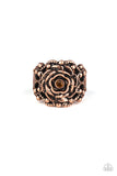 Paparazzi "Rose Garden Royal" Copper Metal Flower & Topaz Rhinestone Elastic Back Ring