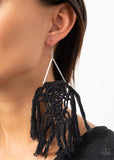 "Modern Day Macrame" Silver Metal Black Yarn Macramé Earrings