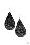 "Everyone Remain Palm" Black Leaf Embossed Leather Teardrop Earrings