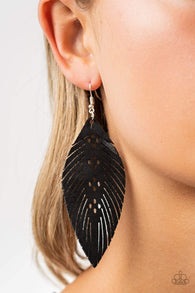 "Wherever the Wind Takes Me" Black Leather Distressed Feather Earrings