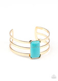 "Rural Recreation" Gold Metal & Rectangle Blue Crackle Turquoise Stone Cuff Bracelet