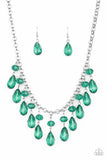 Paparazzi " Crystal Enchantment " Silver Metal Green Faceted Bead Fringe Necklace Set