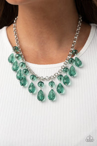 Paparazzi " Crystal Enchantment " Silver Metal Green Faceted Bead Fringe Necklace Set