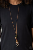 Paparazzi " Ocean Child " Brown Cord Green & Silver Beaded Tassel Necklace