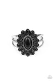 " Sedona Spring " Silver Metal & Black Stone Daisy Flower Cuff Bracelet