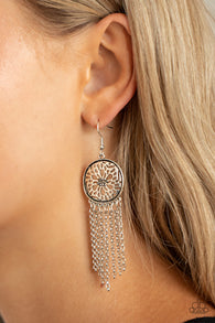 "Blissfully Botanical " Silver Metal Smoky Grey Rhinestone Tassel Earrings