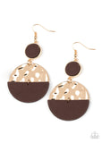 "Natural Element" Half Gold Metal & Black Wood Round Hinged Earrings