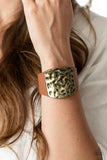 Paparazzi " Brighten Up " Brown LEATHER & Hammer Brass Snap Band Bracelet