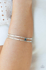 " Solo Artist " Silver Metal & Solitaire Blue Rhinestone Open Cuff Bracelet