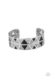 " Hidden Glyphs " Textured Silver Metal And Black Enamel Cuff Bracelet