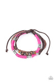 Paparazzi "Totally Tiki" Brown & Pink Twine Wooden & Silver Beads Adjustable Unisex Bracelet