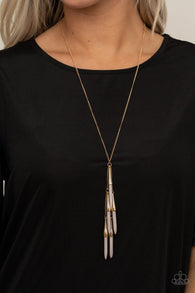 Paparazzi " Primitive and Proper " Gold Metal Multiple Gray Stone Tassel Necklace Set