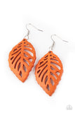 "Leaf 'Em Hanging" Orange Distressed Leaf Shaped Wood Earrings