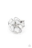 "Hibiscus Holiday" Silver Metal White Enamel Flower Floral Elastic Back Ring