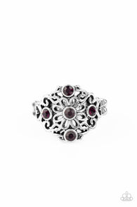 Paparazzi "One Daisy Daisy at a Time" Silver Filigree & Purple Rhinestone Elastic Back Ring