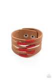 " Country Colors " Brown LEATHER & Wrapped Red Cord Accent Snap Bracelet