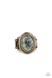 Paparazzi "Cliff Dweller Demure" Brass Metal Green Marble Stone Elastic Back Ring