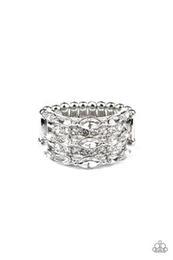 Paparazzi " Diva Diadem " Silver Metal & Clear/White Rhinestone Row Band Elastic Ring