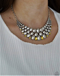 Paparazzi " Powerhouse Party " Silver Metal & Yellow Rhinestone Bib Necklace Set