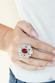 Paparazzi " Iceberg Ahead " Silver Metal White & Red Rhinestone Elastic Back Ring