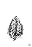 Paparazzi " Frill Ride " Black Metal Filigree Crisscross Floral Elastic Back Ring