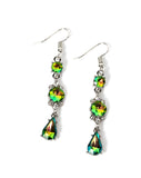 "Outstanding Opulence" Silver Metal & Green Oil Spill Rhinestone Multi Dangle Earrings