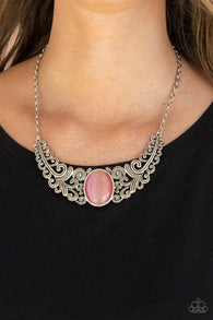 Paparazzi " Celestial Eden" Silver Metal & Pink Cat's Eye Bib Necklace Set