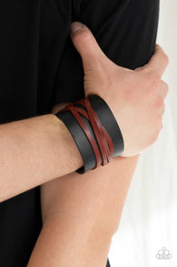 "Pirate Plunder" Men's Black Leather & Crisscrossing Black Strands Snap Bracelet