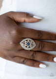 Paparazzi "Glammed Up Gardens" White/Clear & Blue Rhinestone Elastic Back Ring