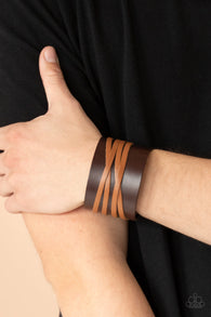 "Pirate Plunder" Men's Brown Leather & Crisscrossing Tan Strands Snap Bracelet