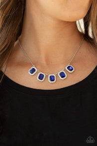 "Next Level Luster" Silver Metal & Blue / White Halo Rhinestone Necklace Set