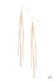 Paparazzi " Dainty Dynamism " Gold Metal & White Rhinestone Long/Thin Dainty Earrings