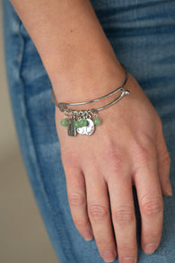 Paparazzi "Growing Strong" Silver Metal & Green Beaded Inspirational Tension Bracelet