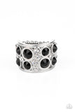 Paparazzi " High Roller Royale " Silver Metal Black & Clear Rhinestone Elastic Back Ring