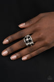 Paparazzi " High Roller Royale " Silver Metal Black & Clear Rhinestone Elastic Back Ring