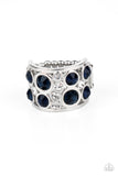 "High Roller Royale" Silver Metal Blue & Clear Rhinestone Elastic Back Ring