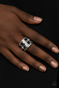 "High Roller Royale" Silver Metal Blue & Clear Rhinestone Elastic Back Ring