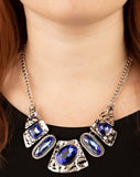 "Futuristic Fashionista" Silver Metal & French Blue Gem Necklace Set