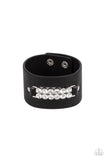 "Runaway Rebellion" Black LEATHER White/Clear Rhinestone Snap Bracelet