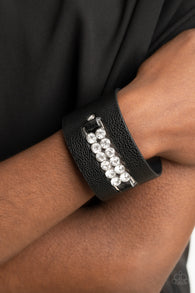 "Runaway Rebellion" Black LEATHER White/Clear Rhinestone Snap Bracelet