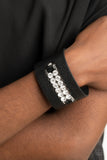 "Runaway Rebellion" Black LEATHER White/Clear Rhinestone Snap Bracelet