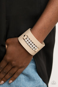 "Runaway Rebellion" Brown LEATHER White/Clear Rhinestone Snap Bracelet