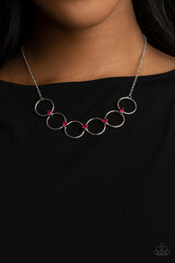 Paparazzi " Regal Society " Silver Metal & Pink Rhinestone Multi Circle Necklace Set