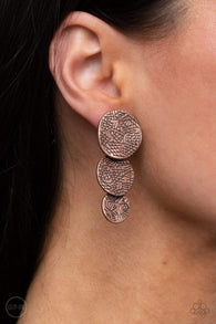 Paparazzi " Ancient Antiquity " Copper Metal Triple Textured Disc Clip-On Earrings