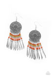 Paparazzi " Sun Warrior " Silver Metal Rust, Coral, Green & Silver Beaded Dangle Earrings