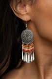 Paparazzi " Sun Warrior " Silver Metal Rust, Coral, Green & Silver Beaded Dangle Earrings