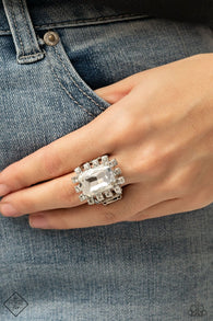 Paparazzi "Galactic Glamour" Silver Metal &  White/Clear Rhinestone Elastic Back Ring