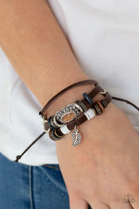 "Mystically Mediterranean" Brown Leather & Orange Cat's Eye Charm Bracelet