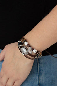 "Mystically Mediterranean" Brown Leather & White Cat's Eye Charm Bracelet