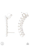 "Double Down on Dazzle" Silver Metal White Pearl& Rhinestone Ear Climber Earrings